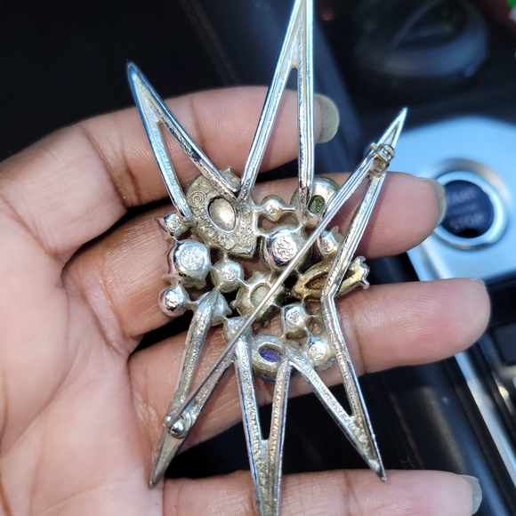 Vintage Emmons Space Age Pin Brooch - Mid Century Modern Silvertone and Gemstone - Picture 2 of 3